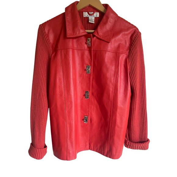 Vintage 90s Lisa International Lambskin Orange Button Front Ribbed Sweater Jacke - Picture 1 of 6